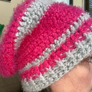 Hot Pink and Light Gray Hygge, warm and fuzzy scarf and hat.